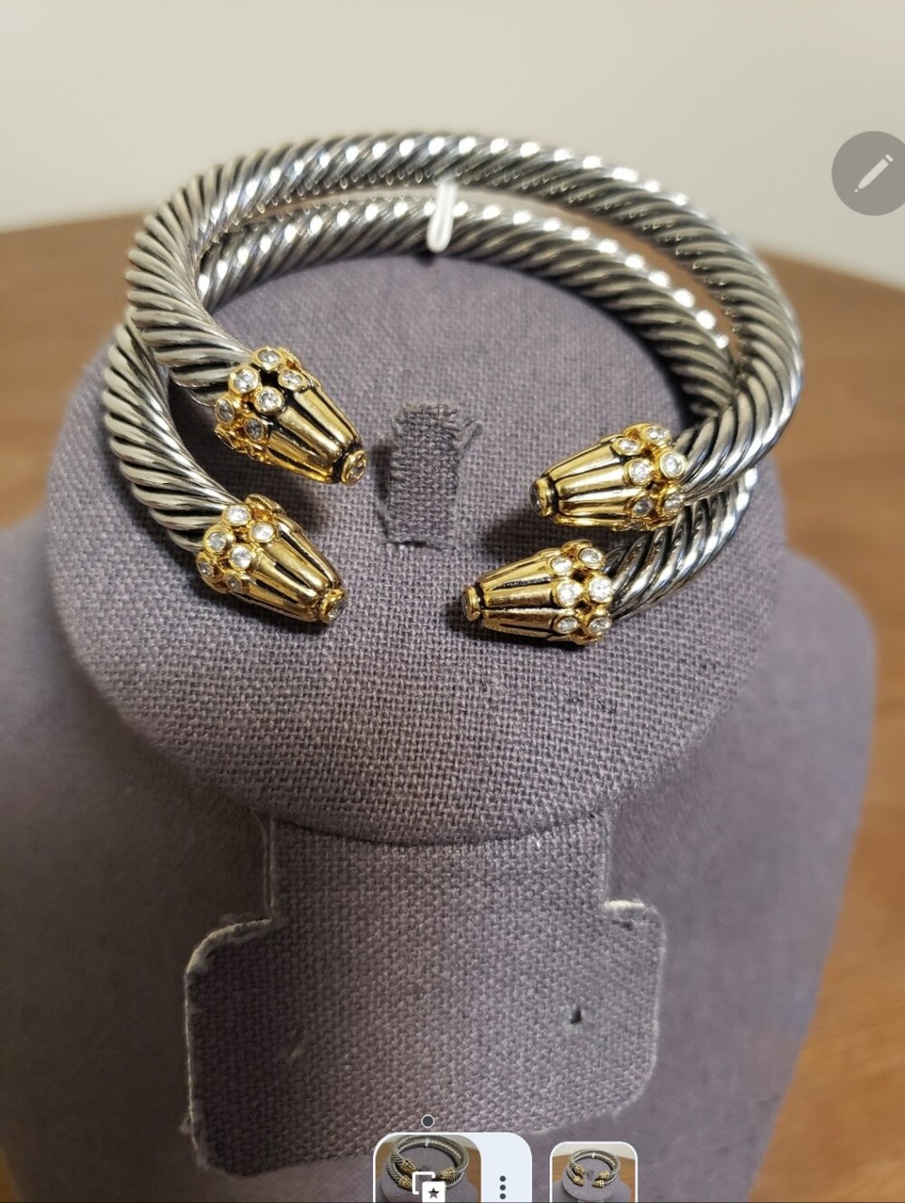 Two-Tone Twisted Cable Cuff Bracelet with Goldtoned Crystal Terminals